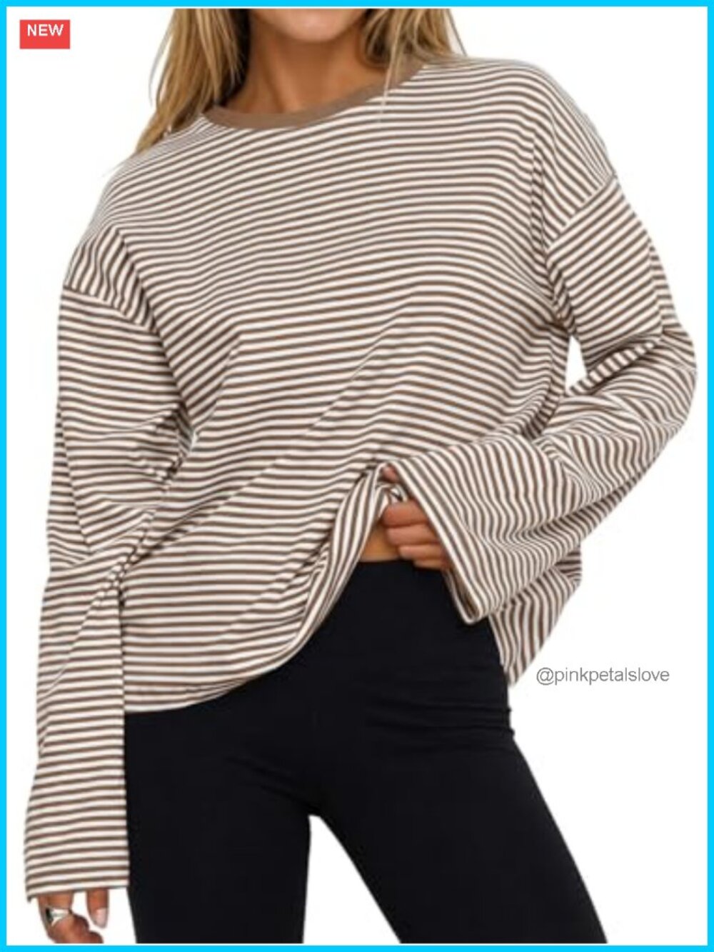 Womens Oversized Striped Long Sleeve Crew Neck Cotton Top